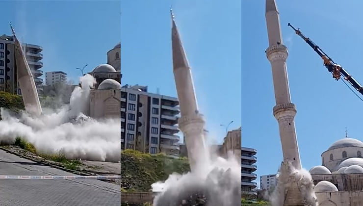 Depremde zarar gören cami minaresi kontrollü bir şekilde yıkıldı