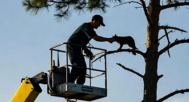 Ağaçta mahsur kalan kedinin imdadına öğretmen yetişti